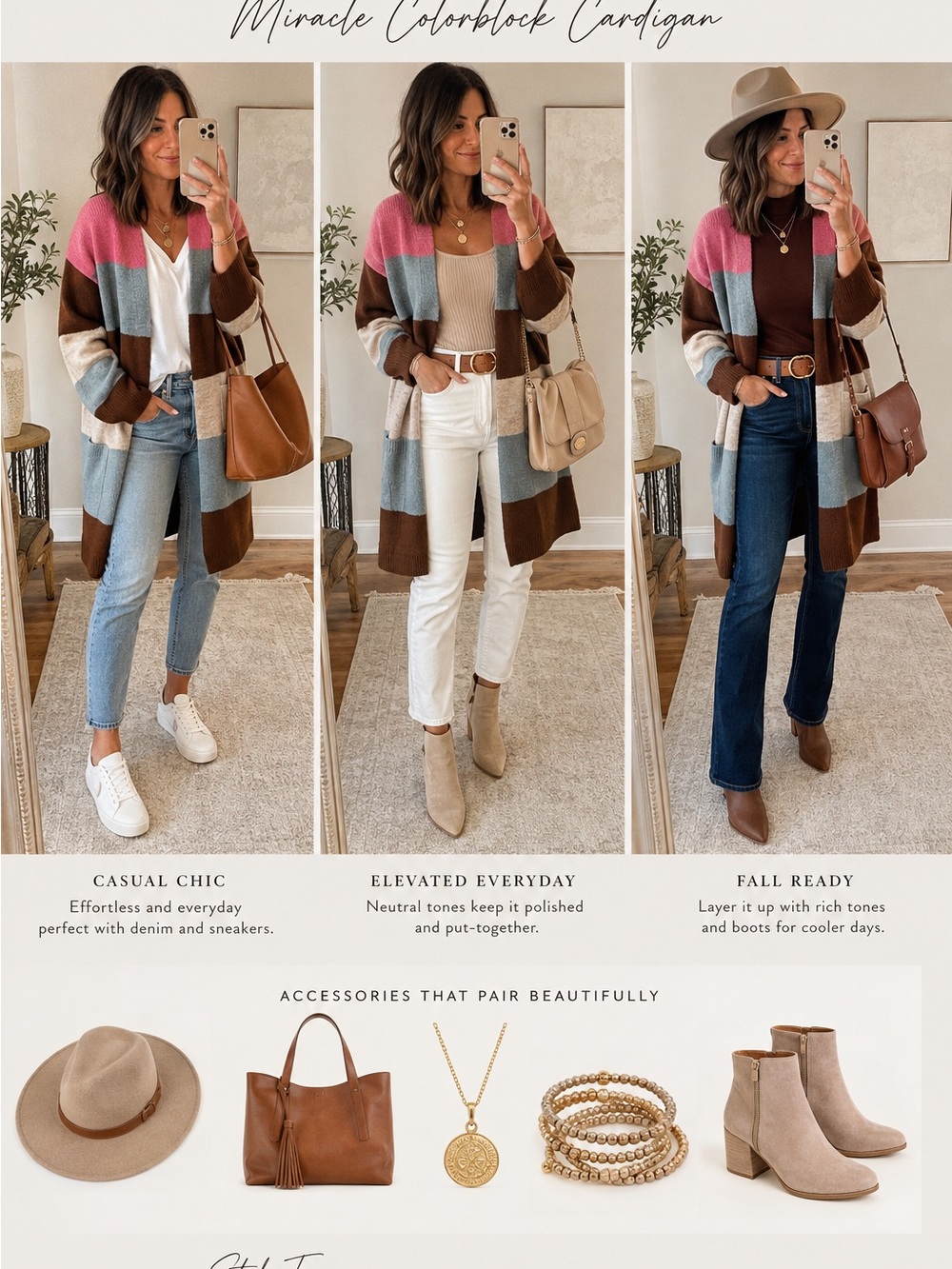 NWT Miracle Colorblock Open-Front Cardigan - Pink, Blue, Brown, Cream Sz S / M